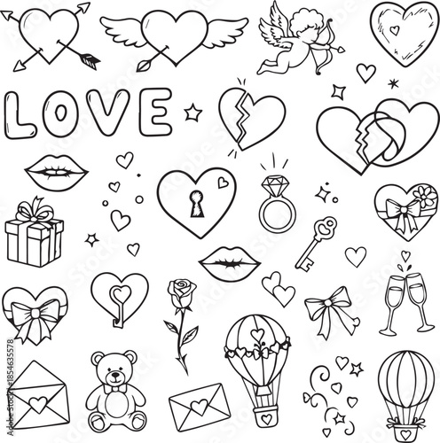 Hand Drawn Valentine's Day Doodles Set, Love and Romance Vector Elements
