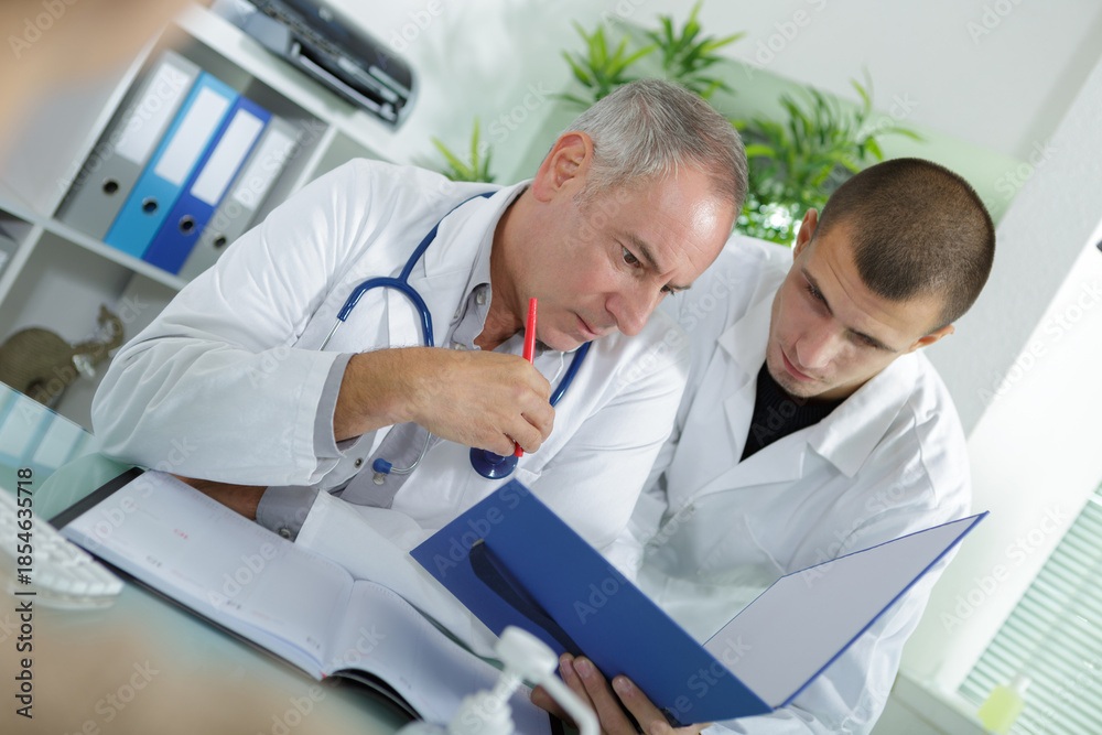Fototapeta premium senior and junior male doctors looking at file