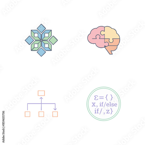 Diverse Set of Abstract Icons Featuring Geometric Patterns, Brain Puzzle, Flowchart, and Code Snippet