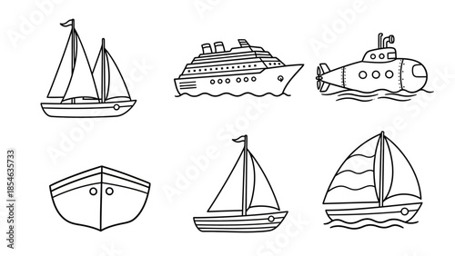 Hand drawn boat and ship icon set featuring sailboats submarine and cruise liner