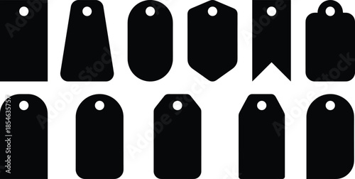 Blank price tag silhouettes collection, assorted label shapes, retail sale icons, marketing branding elements, black vector illustration, isolated template set