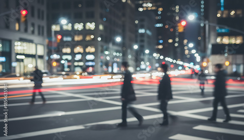 Out of focus, blurred urban traffic, dynamic city street, long exposure, people, cars, modern lifestyle