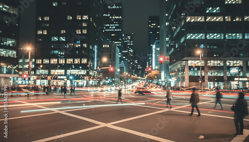 Out of focus, blurred city traffic, dynamic motion, long exposure, urban life, people, cars, modern design