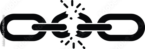 Broken chain link icon, freedom concept, strength breaking barrier, independence symbol, business connection failure, minimal black vector illustration, isolated design