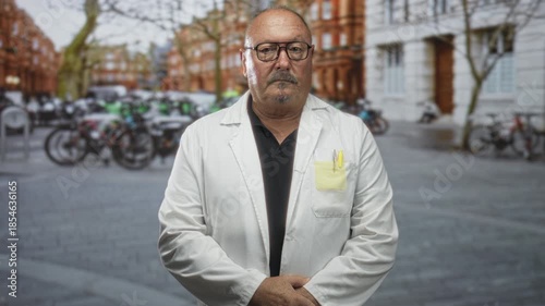 Man doctor in white coat with hands clasped, yellow pen in chest pocket, standing on urban street with bicycles and redbrick buildings; serious dignity.
