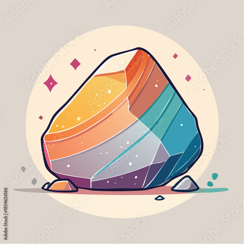 Stylized illustration of a colorful, layered crystal or gemstone with a cartoonish aesthetic.