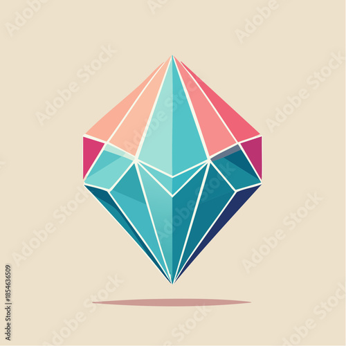 Geometric diamond illustration with pink and blue facets on a beige background.