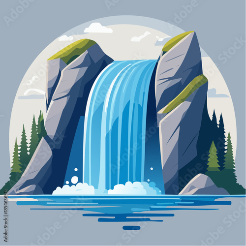 Cartoon waterfall cascading between rocky cliffs into a pool of water, surrounded by trees.