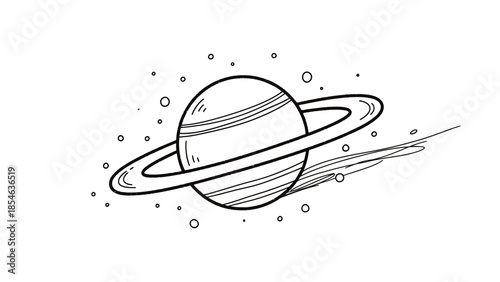 Monochrome line art of a ringed planet with orbiting debris and stylized rings