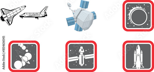 Collection of vector illustrations featuring various space shuttles, satellites, celestial bodies, and iconic space exploration elements