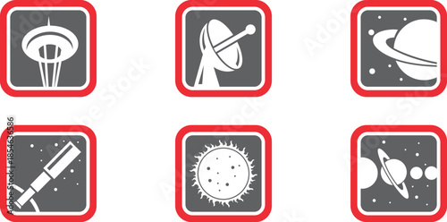 Collection of six stylized vector icons representing space exploration, astronomy, communication technology, and celestial objects clearly displayed.