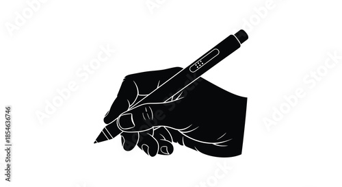 A striking black silhouette of a hand firmly grasping a pen suggesting creative writing silhouette