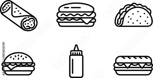 Five Black and White Food Including Burger, Taco, Ketchup Bottle