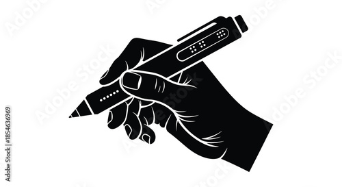 A striking black and white depiction of a hand firmly gripping a pen silhouette