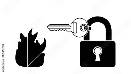 Black and white icon of flame beside padlock and key representing fire safety and access protection