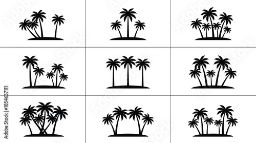 Palm tree silhouette set, tropical island palm trees isolated on white background, summer beach nature vector illustration black minimal design