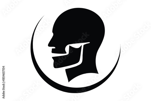Black silhouette of a human head profile with jawbone detail inside a curved frame head silhouette medical