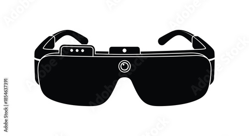 A striking black and white depiction of futuristic virtual reality headset a bold silhouette