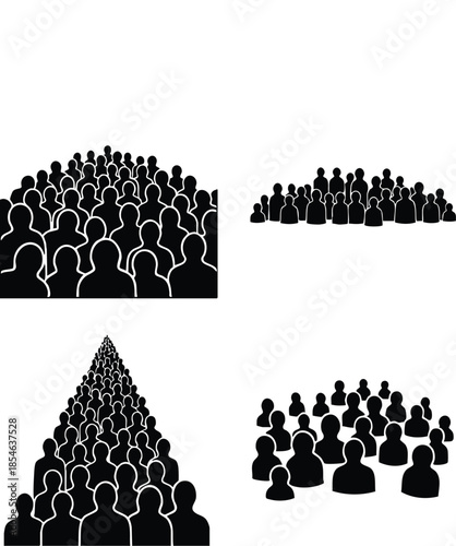 Black and white vector silhouettes of large crowds and people group gatherings
