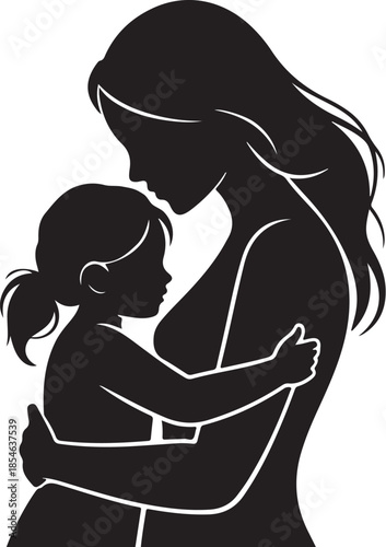 Silhouette of a woman and child embracing with long hair