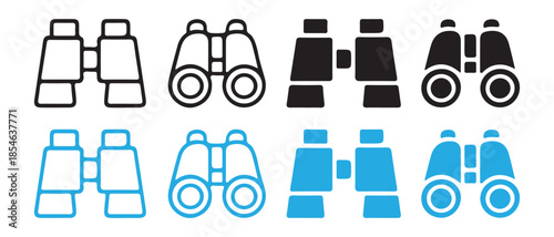 Set of Binocular Icons with Different Styles and Colors on White Background.