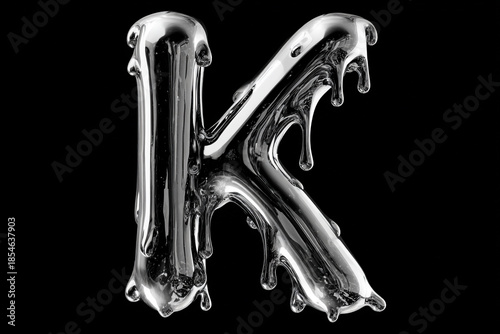 Shiny metallic letter K with molten effect on black background