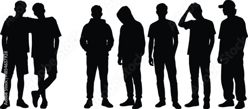 Young men silhouette set, male people standing isolated on white background, casual fashion poses vector illustration black design minimal style