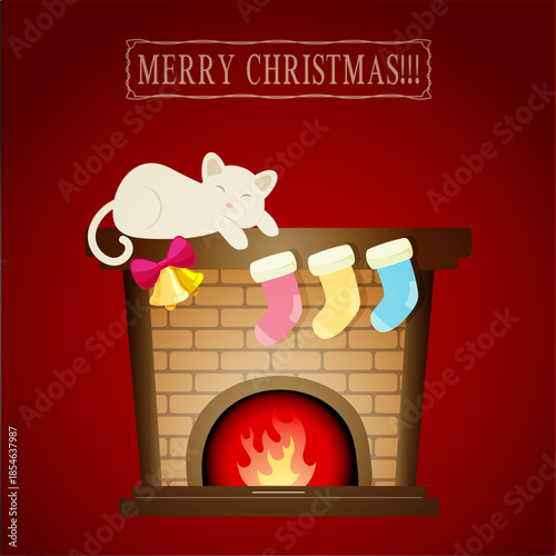 Cute Christmas cat sleeping on the fireplace with Christmas stockings hanging on it, cozy holiday illustration.