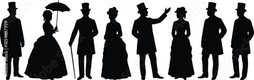 Victorian era silhouettes collection, elegant men women, vintage fashion figures, 19th century costumes, historical people, classic design vector illustration set