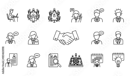 Business people and workplace outline icon set editable vector symbols