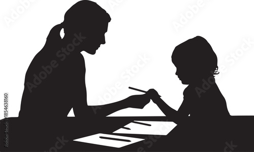 Silhouette of and child together at a table paper pencil