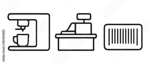 Coffee machine vector icons, cash register, and barcode icon set for business and retail services.