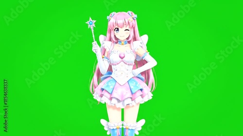 Anime girl with pink hair and a magic wand on green screen.