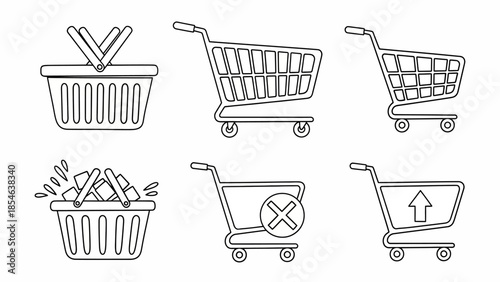 Monochrome shopping cart and basket icon set for web and mobile interface design