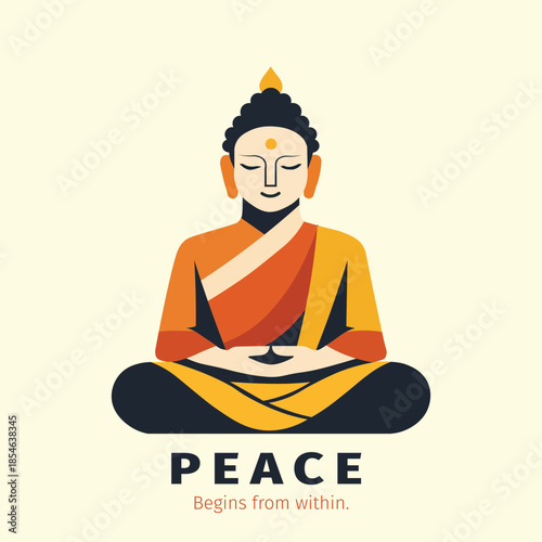 Minimal flat 2d vector illustration poster of Buddha meditating in lotus pose.