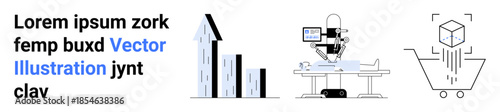 Business growth, innovation, medical technology, digital transformation, ecommerce, augmented reality. A bar chart, a robotic medical setup and a 3D object in a shopping cart. Business growth