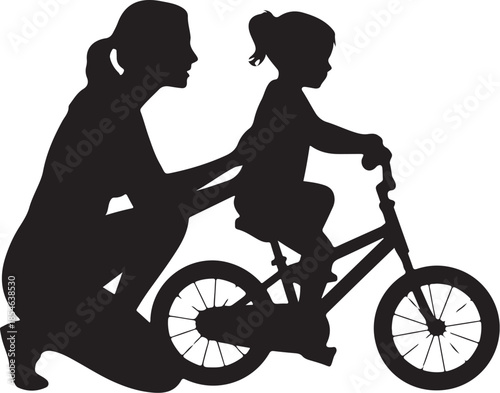 Silhouette of teaching child to ride bicycle learning