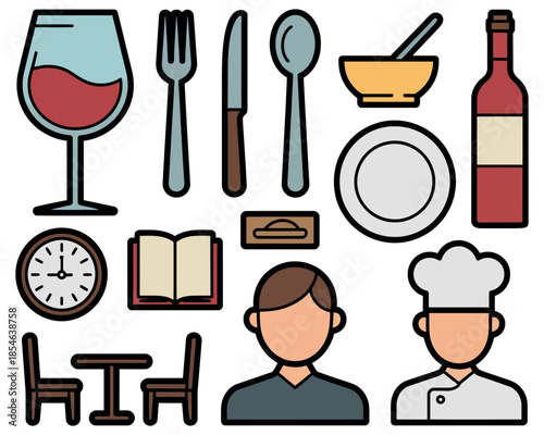 A collection of restaurant-related icons including cutlery, wine, and chefs.