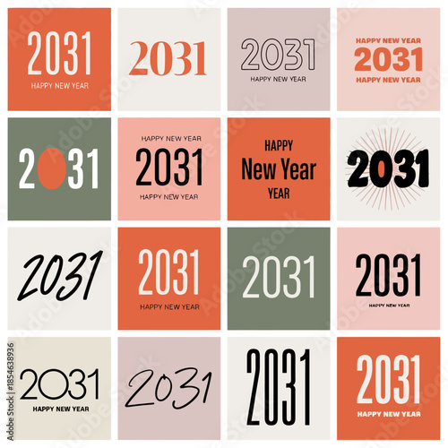 Modern 2031 typography collection featuring bold, minimal, and creative New Year design styles layouts.