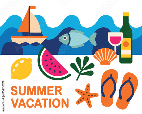 Summer vacation elements including a sailboat, fish, fruit, drink, and beachwear.