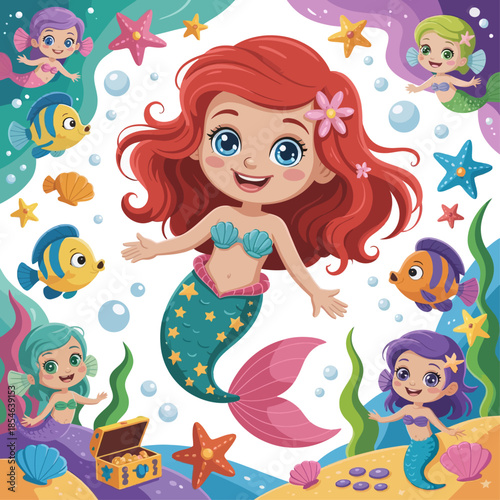 Cheerful cartoon mermaid illustration featuring smiling red-haired sea princess surrounded by colorful fish, playful children, treasure chest, and underwater fantasy elements.