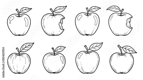 Hand drawn apple sketches and bite variations in simple black line art