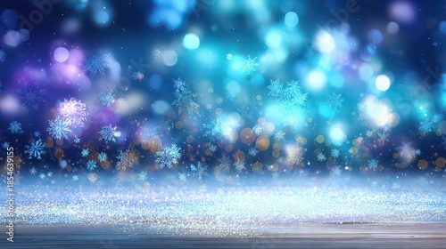 Festive Winter Background with Bokeh Lights and Blue Snowflakes Sparkling on Reflective Surface in Magical and Festive Atmosphere Holiday Season