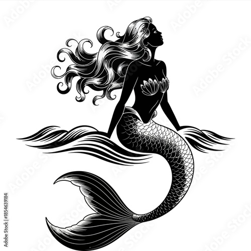 Stylized black silhouette illustration of a mermaid sitting in water with flowing hair and curved tail, fantasy ocean artwork.