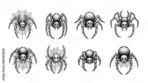 Set of eight hand drawn spooky spider skull illustrations with webs and varied poses