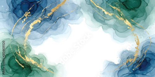 Elegant fluid art background with flowing blue and green tones and shimmering gold details