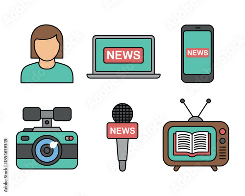 A collection of icons represents various media and communication tools for news.