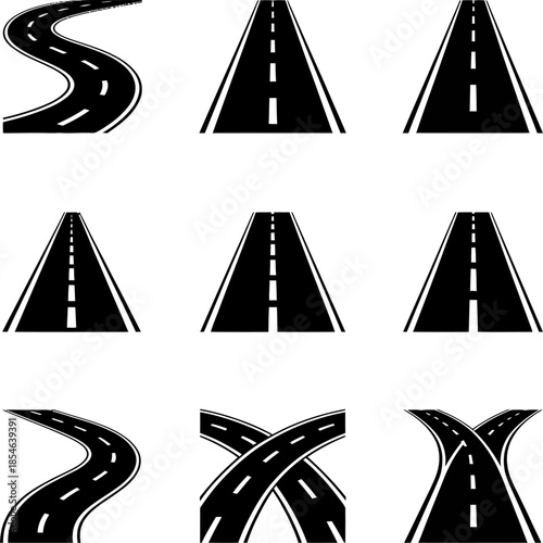 Black road icon set showing straight, curved, and intersecting highways for navigation, transportation, infrastructure, and route design concepts.