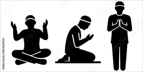 Silhouette of Muslim  Man Praying and Standing with Hands Together, Vector Illustration Set