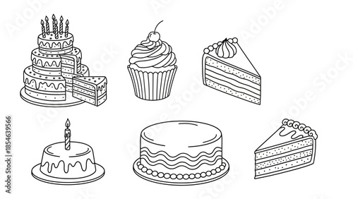 Hand drawn black and white bakery cake and cupcake illustrations for design